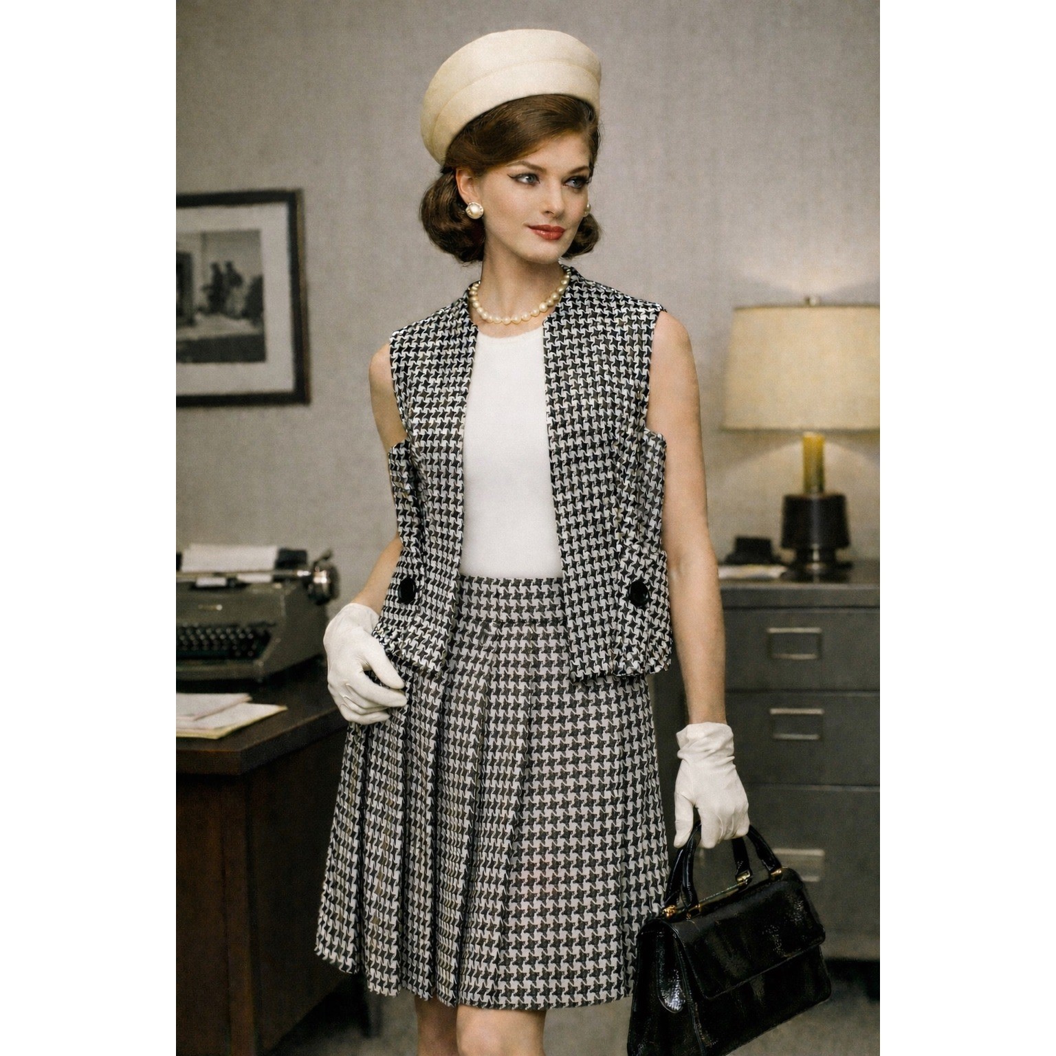 Vintage Herman Marcus Black White Houndstooth Vest and Pleated Skirt Set Size 12