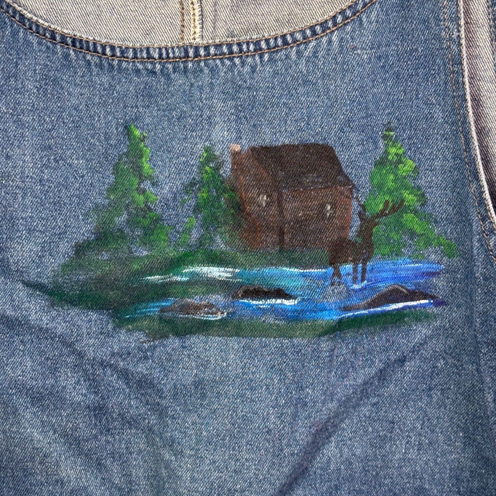 Haiks Vintage Blue Denim Hand Painted Cabin Deer Jumper Dress Womens Large Woods