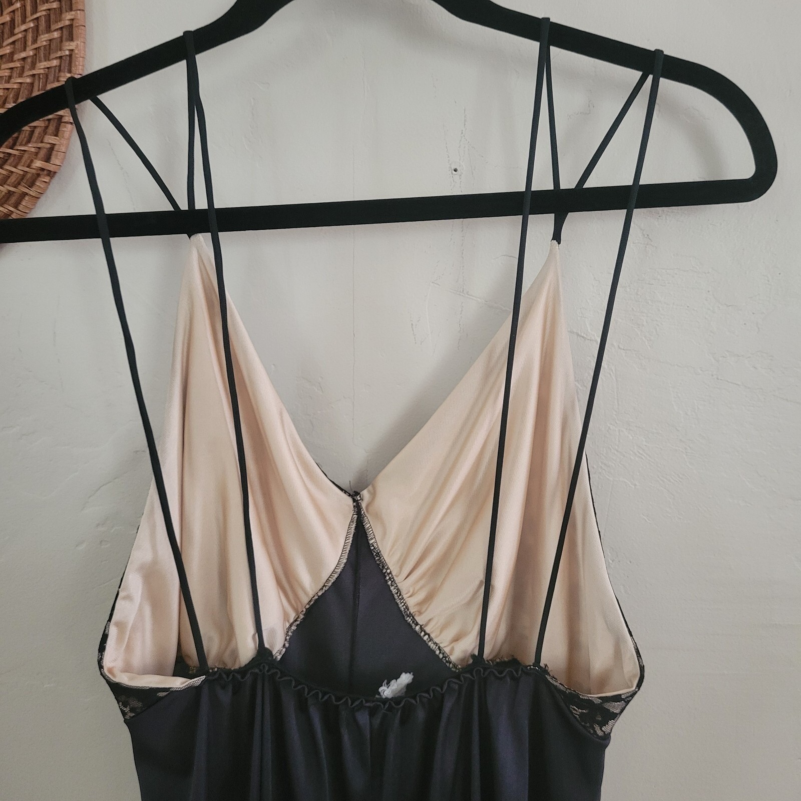 Vintage Black Satin Lace Trim Maxi Slip Dress Nightgown Multi-Strap Back V-Neck