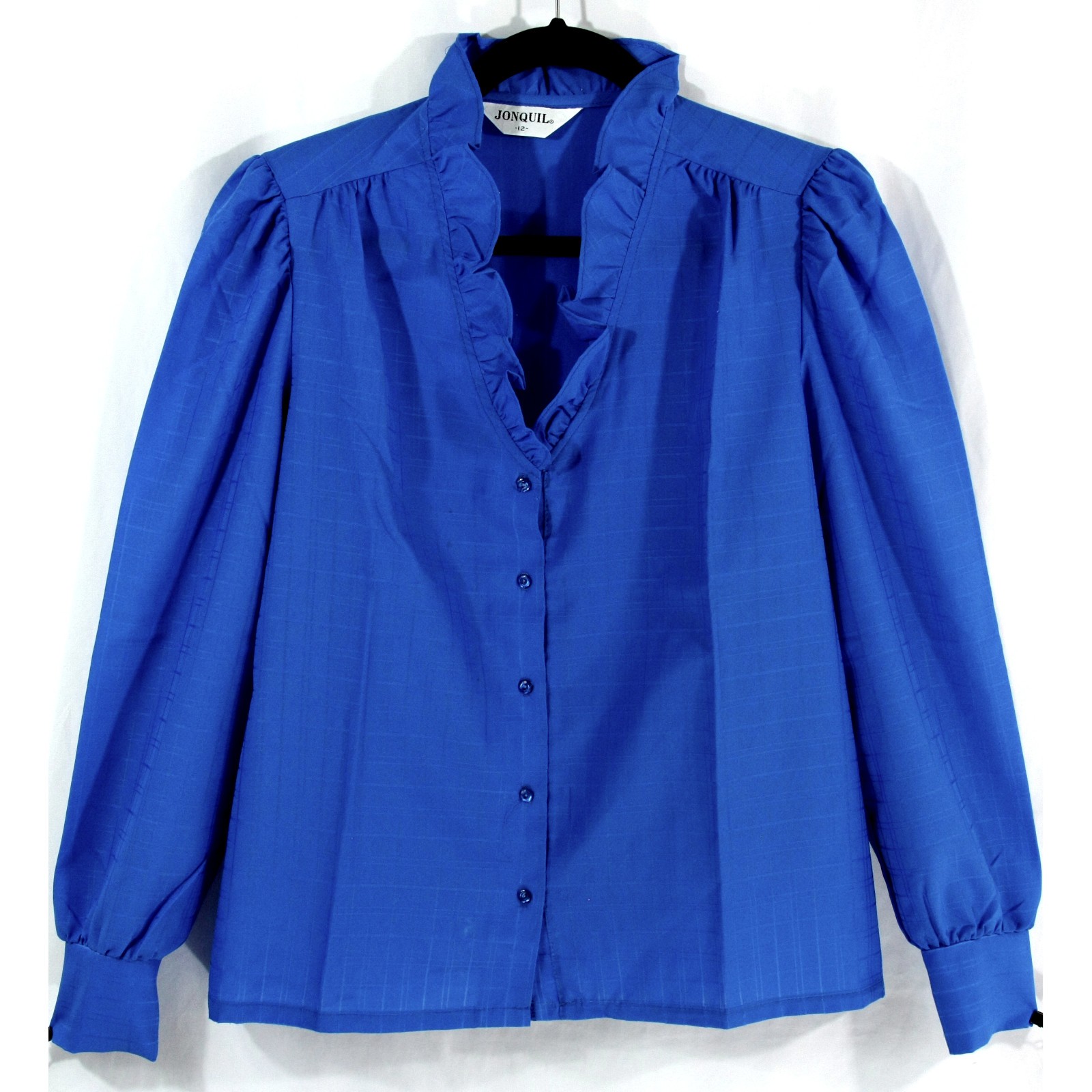 Vintage Jonquil Blue Ruffle Collar Plaid Jacquard Secretary Career Blouse M 80s