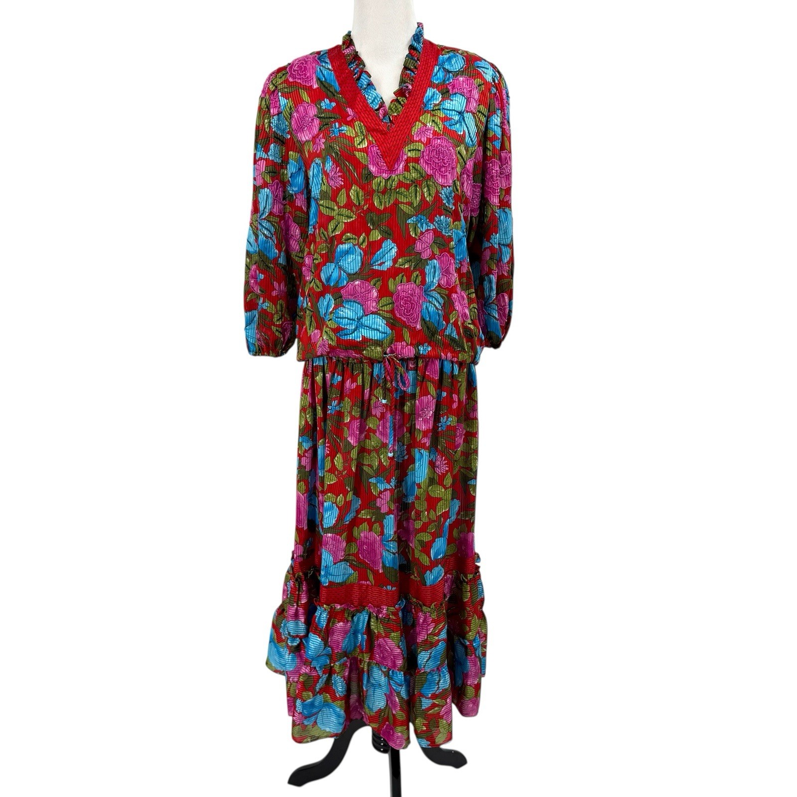 Vintage Diane Freis Georgette Top Skirt Set Floral Beaded Tiered Sz M Retro Boho