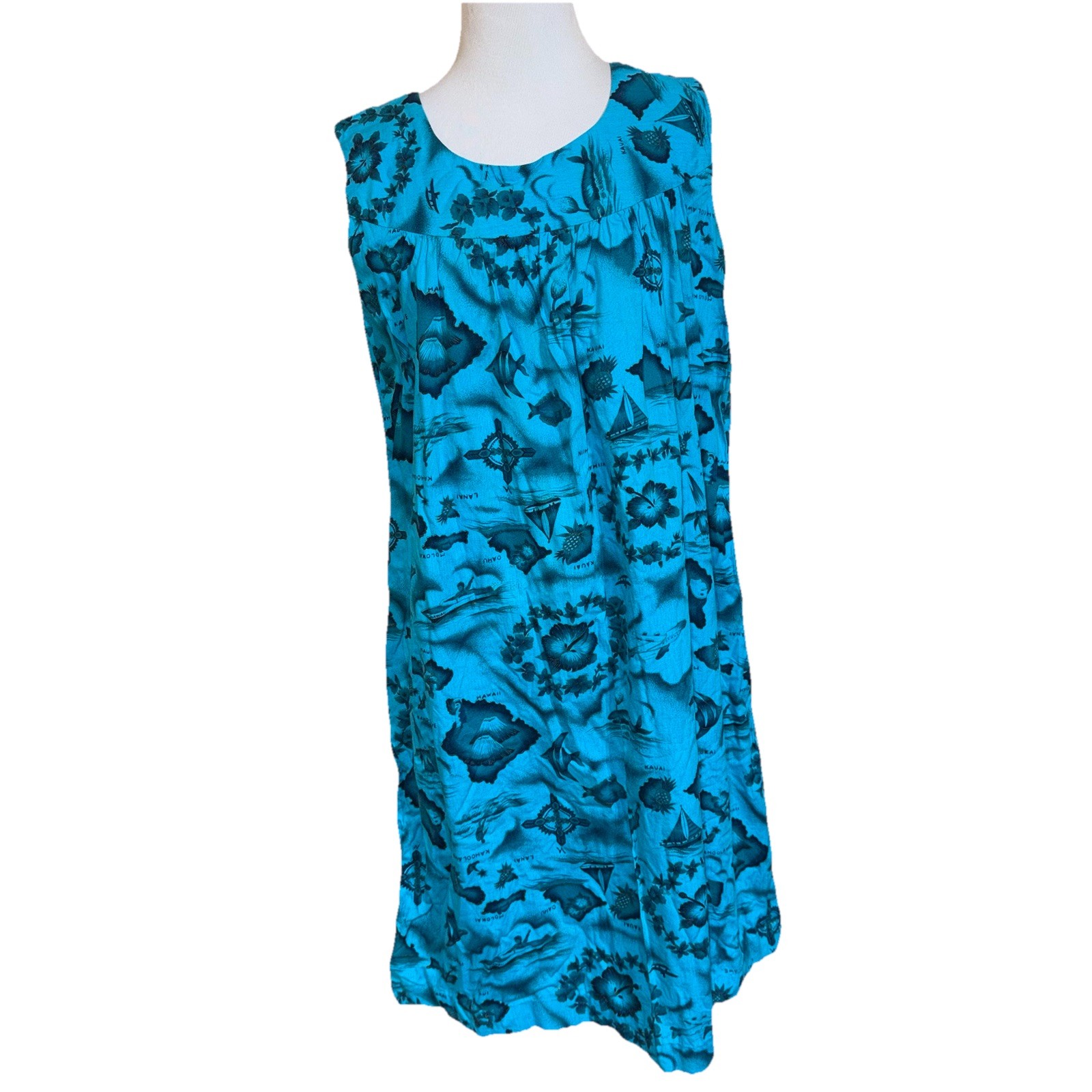 Vintage Ui-Maikai Hawaiian Island Blue Sleeveless Mumu Dress Size Medium M