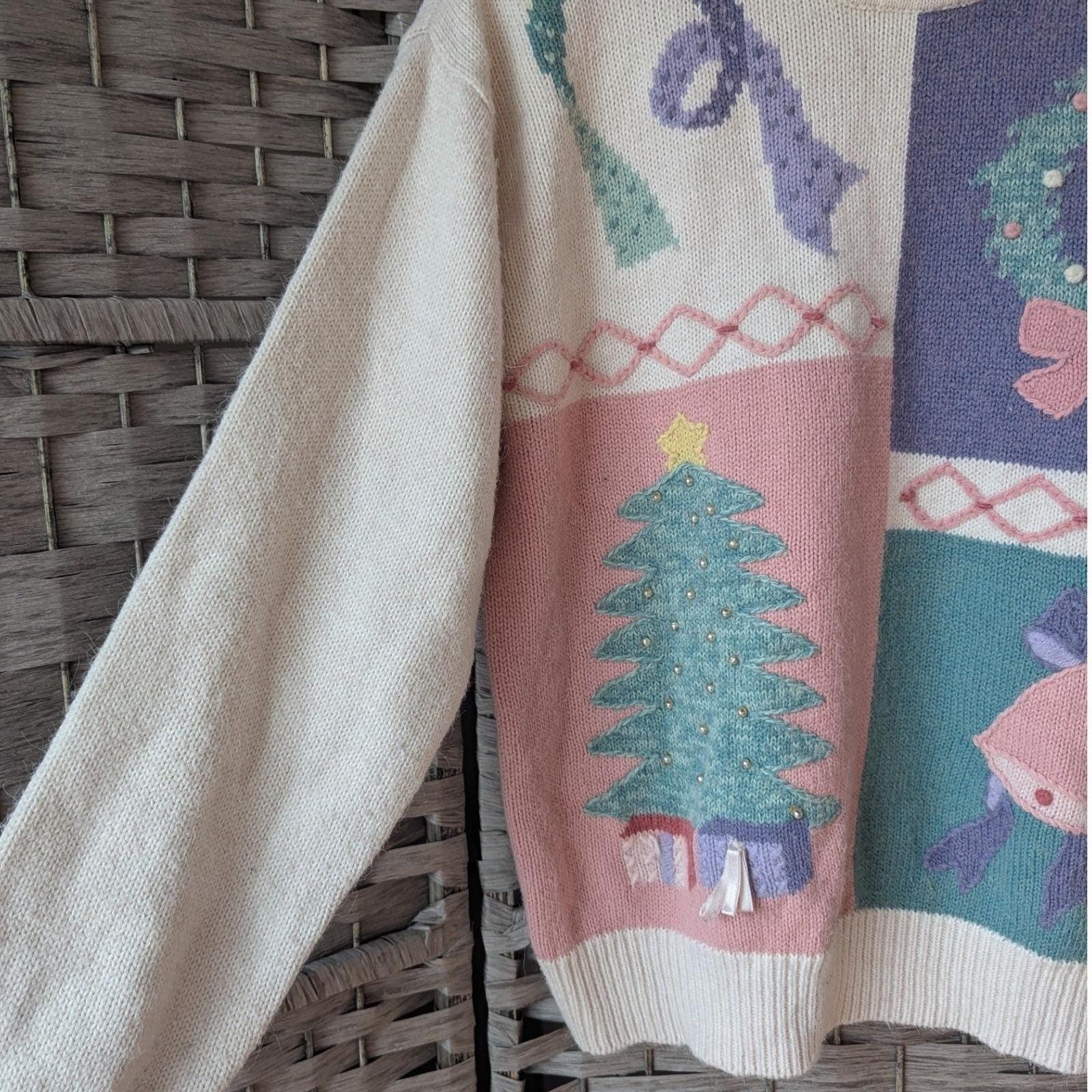 Vtg Pastel Colorblock Christmas Sweater Mock Neck Beaded Tree Wreath Festive Lg