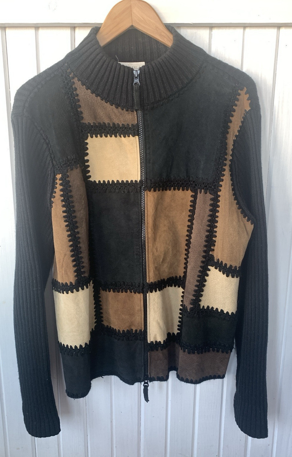 Patchwork Leather Cardigan Ribbed Sweater Large Vintage Designers Studio Works