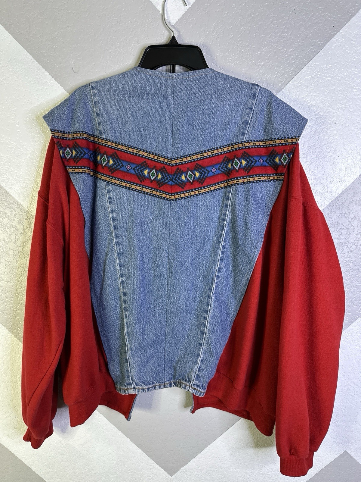 Jerzees Womens Red Denim Tribal Jacket Open Front Reworked 90s 3XL Handmade Vtg
