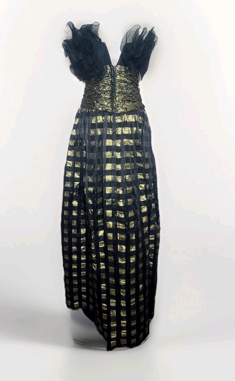 Vtg Eugene Alexander Black Gold Evening Formal Maxi Pleated Ruffle Top Dress 4