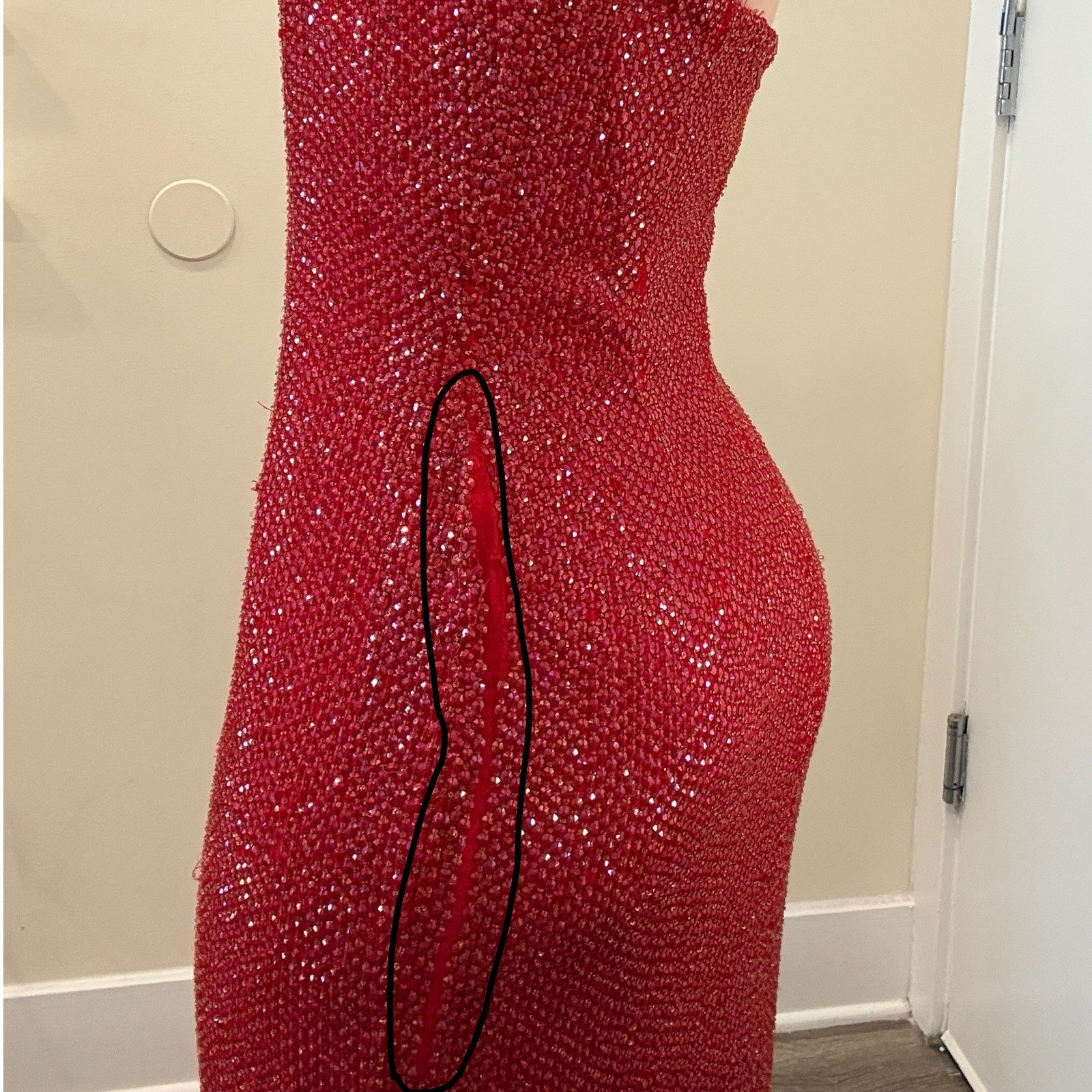 VTG Y2K Scala Red Beaded Silk Strapless Maxi Gown Slit Prom Sz M Jessica Rabbit