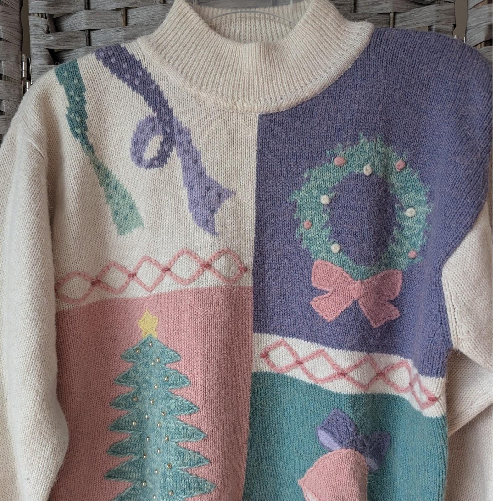 Vtg Pastel Colorblock Christmas Sweater Mock Neck Beaded Tree Wreath Festive Lg