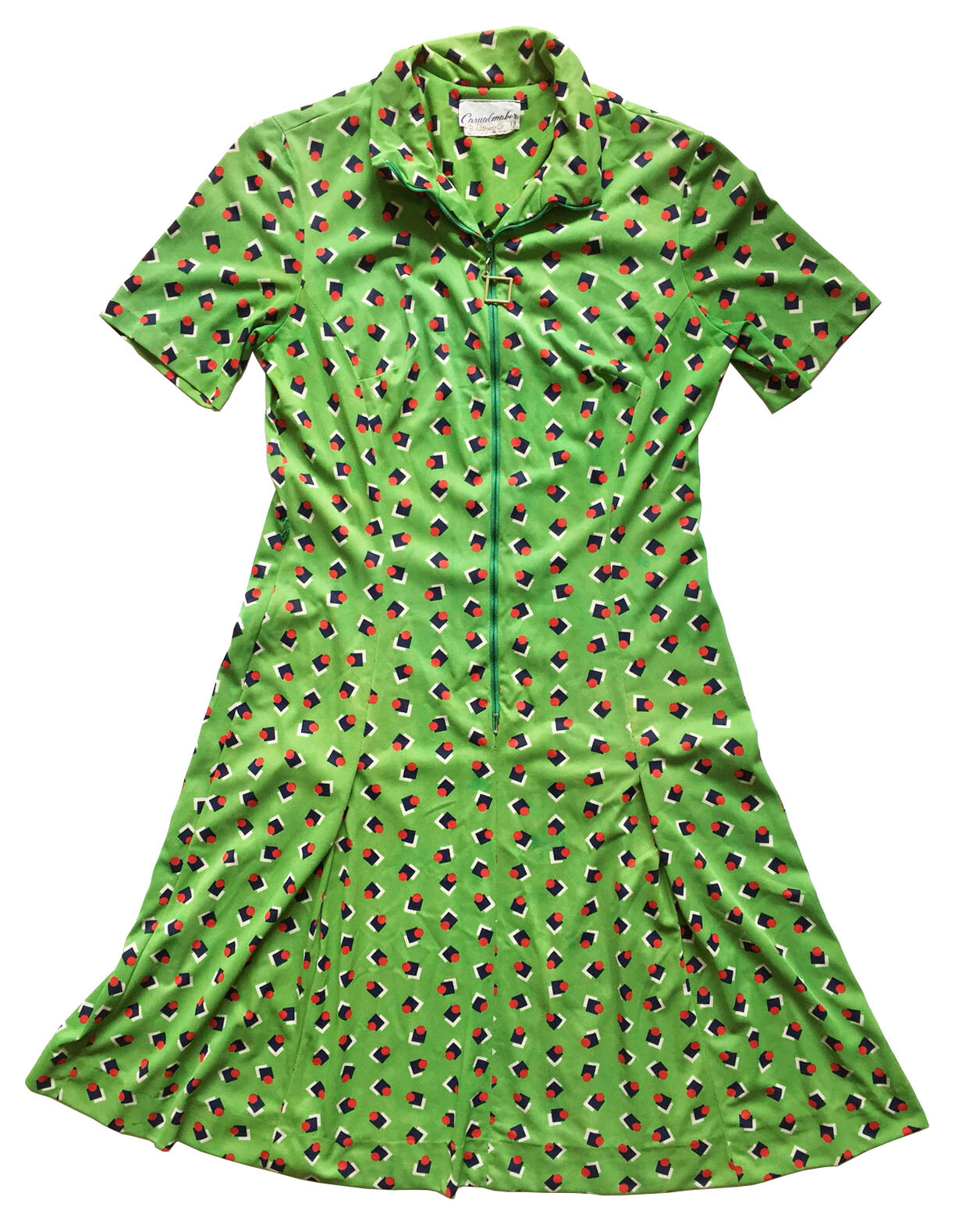CASUALMAKER Vintage Day Dress Green Jersey Print B. ALTMAN Sz 6-8