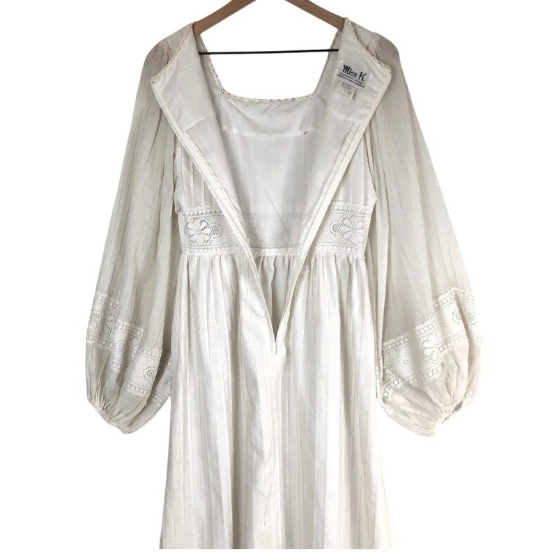 VTG MISS K Alfred Shaheen Lace Maxi Dress Bishop Sleeve Sz 9/10 White Wedding US