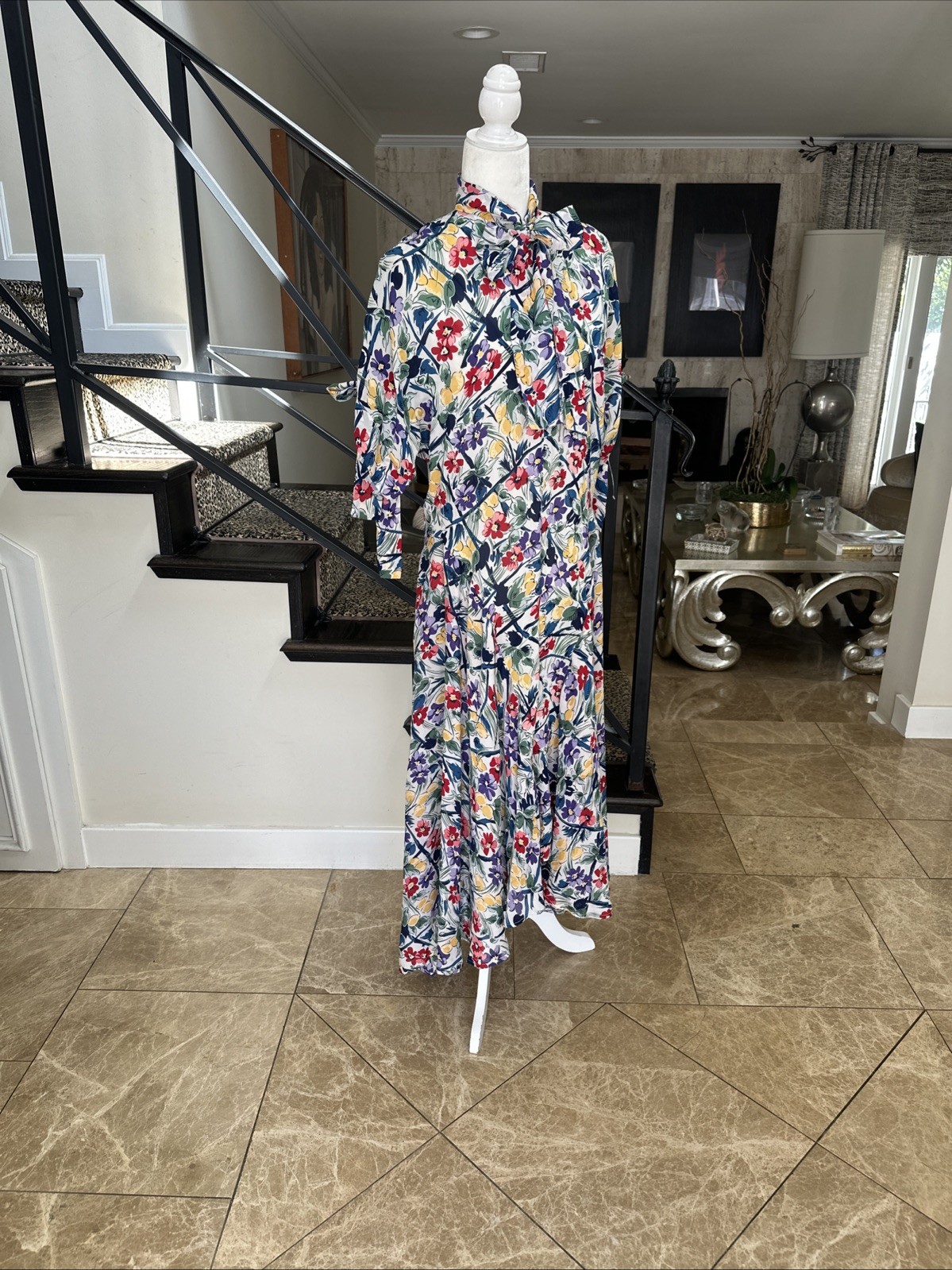 Norma Kamali 80s Floral Print Rayon High Low Long Dress Pussy Bow Keyhole Neck S