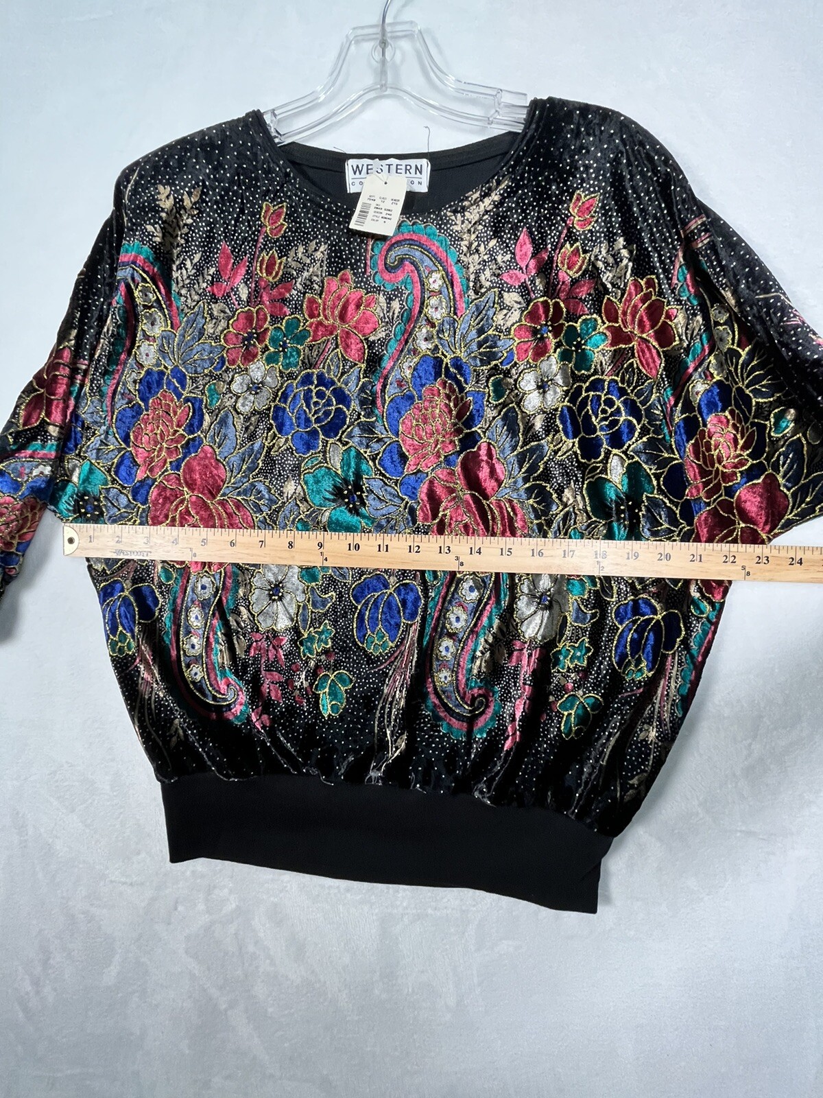 Vintage NWT Western Connection Womens L Top Black Batwing Floral Colorful