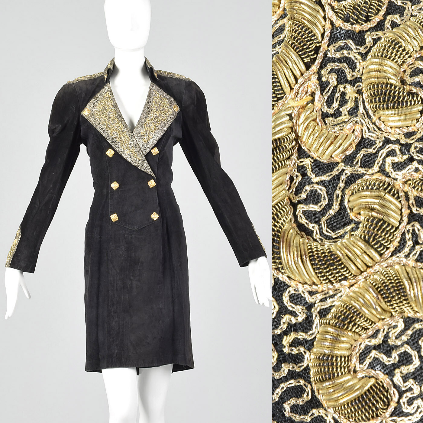 M 1980s Michael Hoban North Beach Leather Black Leather Dress Gold Details 80s