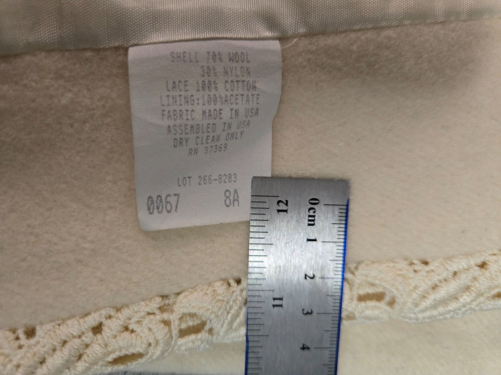 Andrea Women’s Coat Size 8 Cream With Eyelet Lace Trim 70% Wool Lined UEC