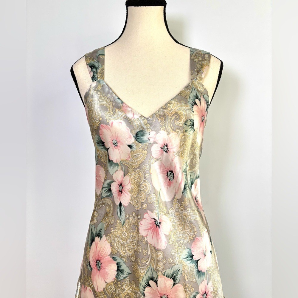 Vintage Satin Chemise Slip Dress 80’s Coquette Ruffle Floral Pinup Girl Glam