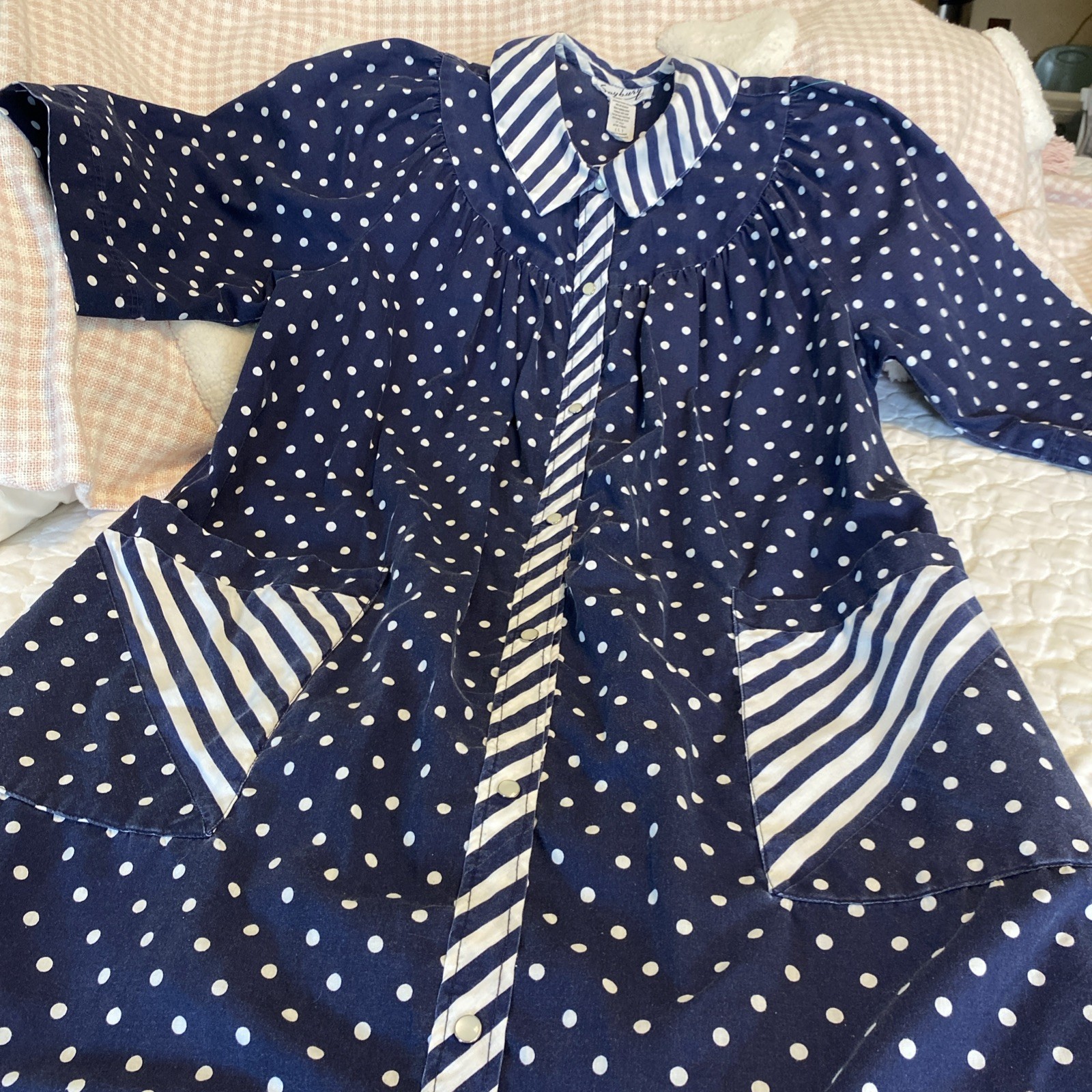 Vintage COFFEE COATS Saybury House Dress Muumuu Navy White Polka Dot Pearl Snap