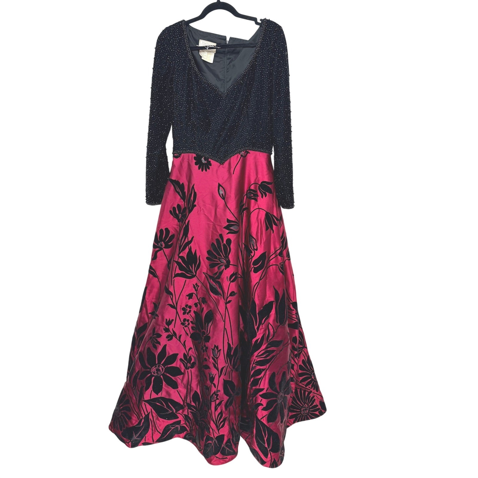 Victoria Royal Vintage Beaded Floral Velvet Gown Pink Black Long Sleeve Sz 10