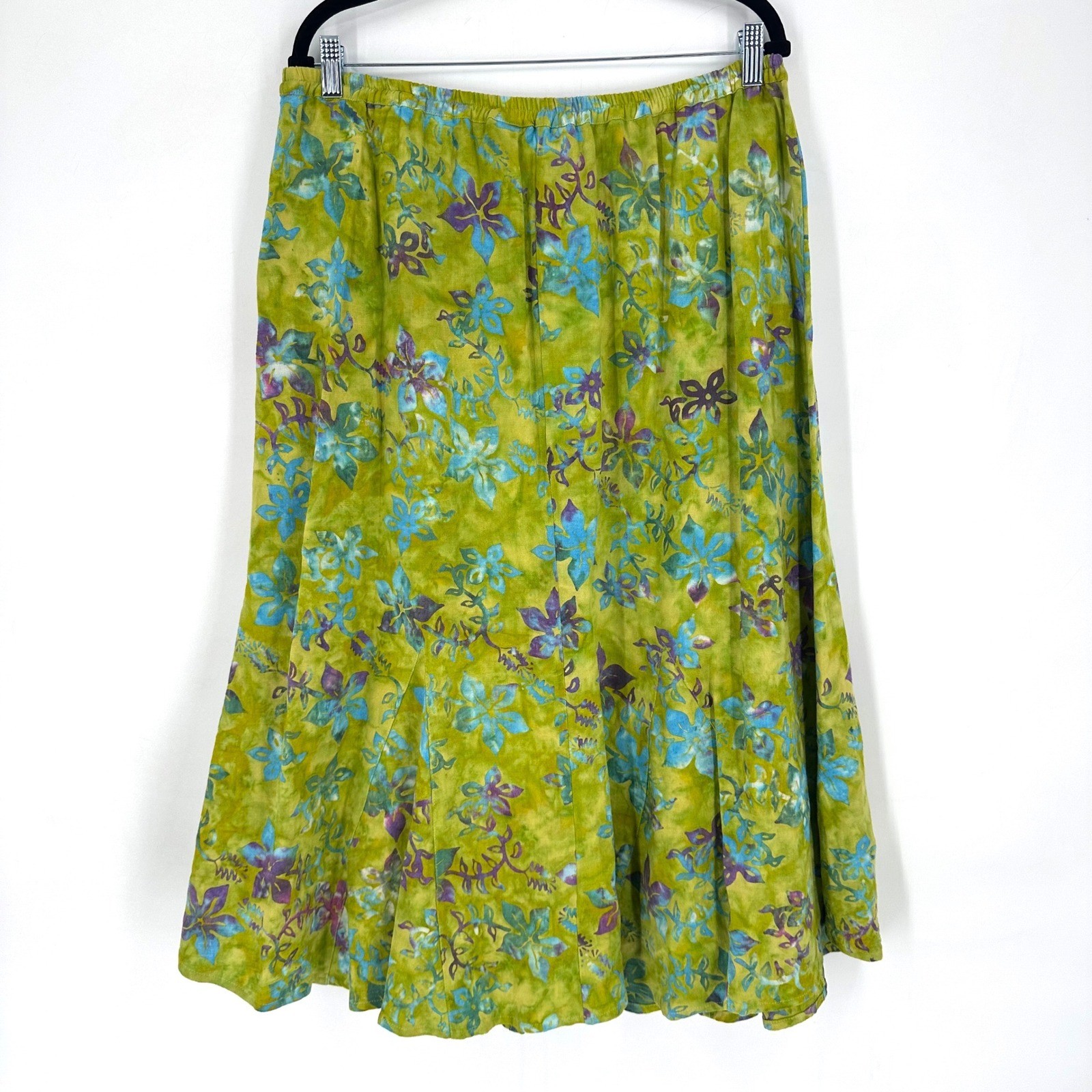 Wind River Y2K Linen Blend Floral Midi Skirt Womens Sz L Boho Cottagecore Batik
