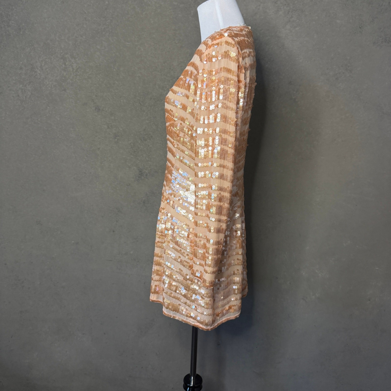 Saks Fifth Avenue Vintage Silk Sequin Mini Dress Sz 6 Gold Champagne 80s Glam
