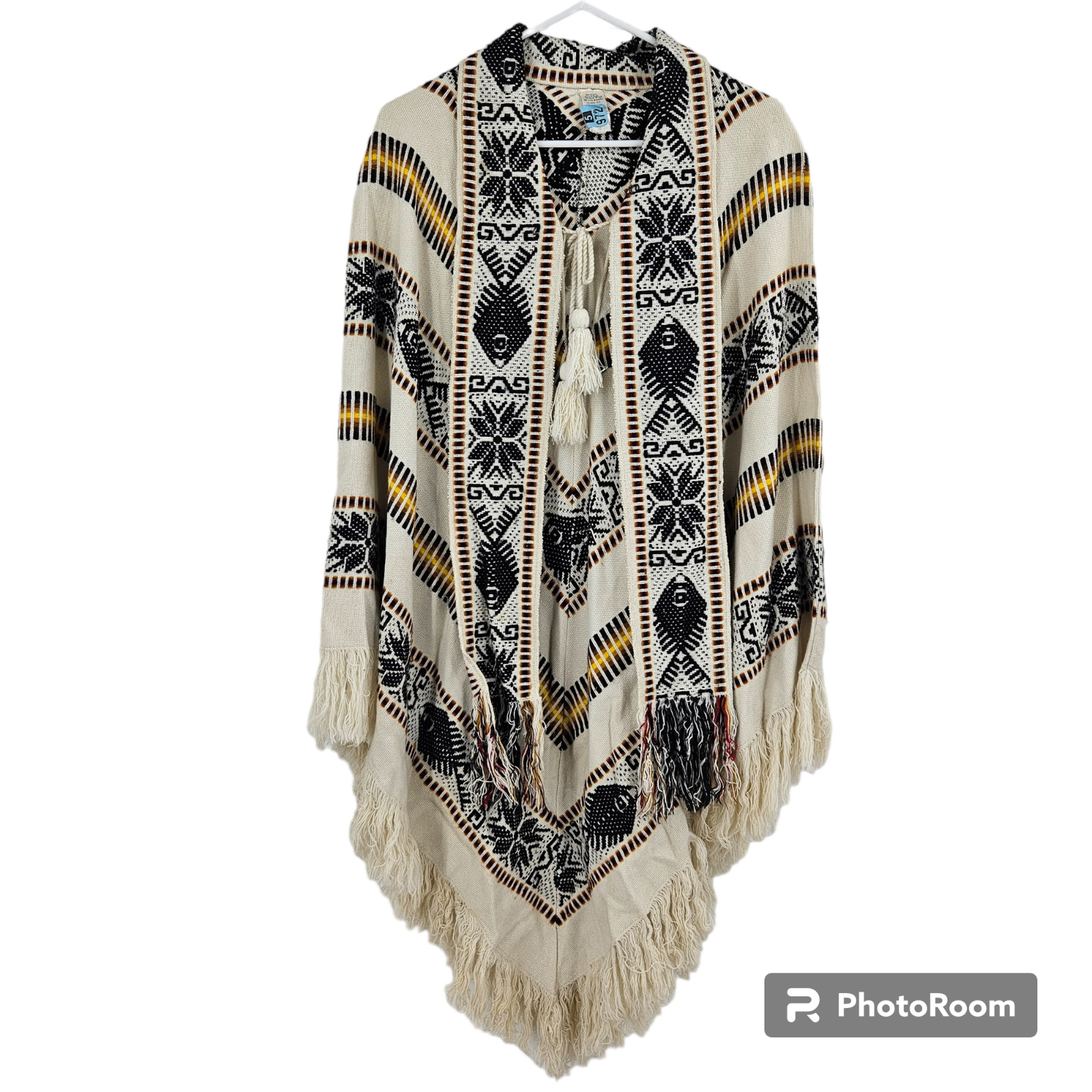 Otovalo Chimayo Shawl Poncho Cream Black Wool Blend Fringe Southwestern Size OS