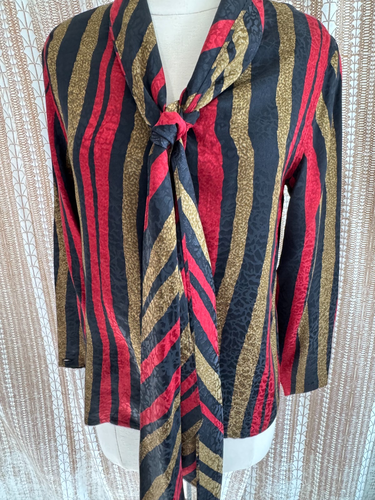 Vintage 1990s Ann May 100% Silk Blouse – Bold Stripe Pattern – XS