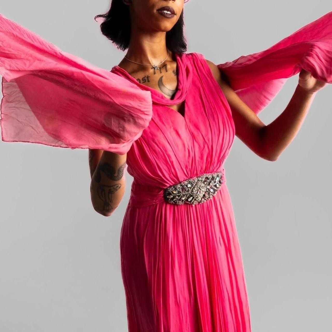 Vintage 60s Pink Silk Rayon Chiffon Gown with Rhinestone