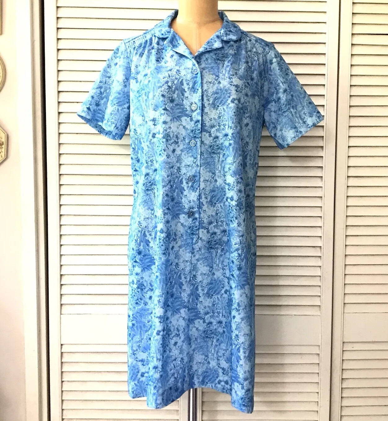 A Nancy Frock Shirt Dress Vintage Size 14 Blue Floral Short Sleeve Wear Anywhere