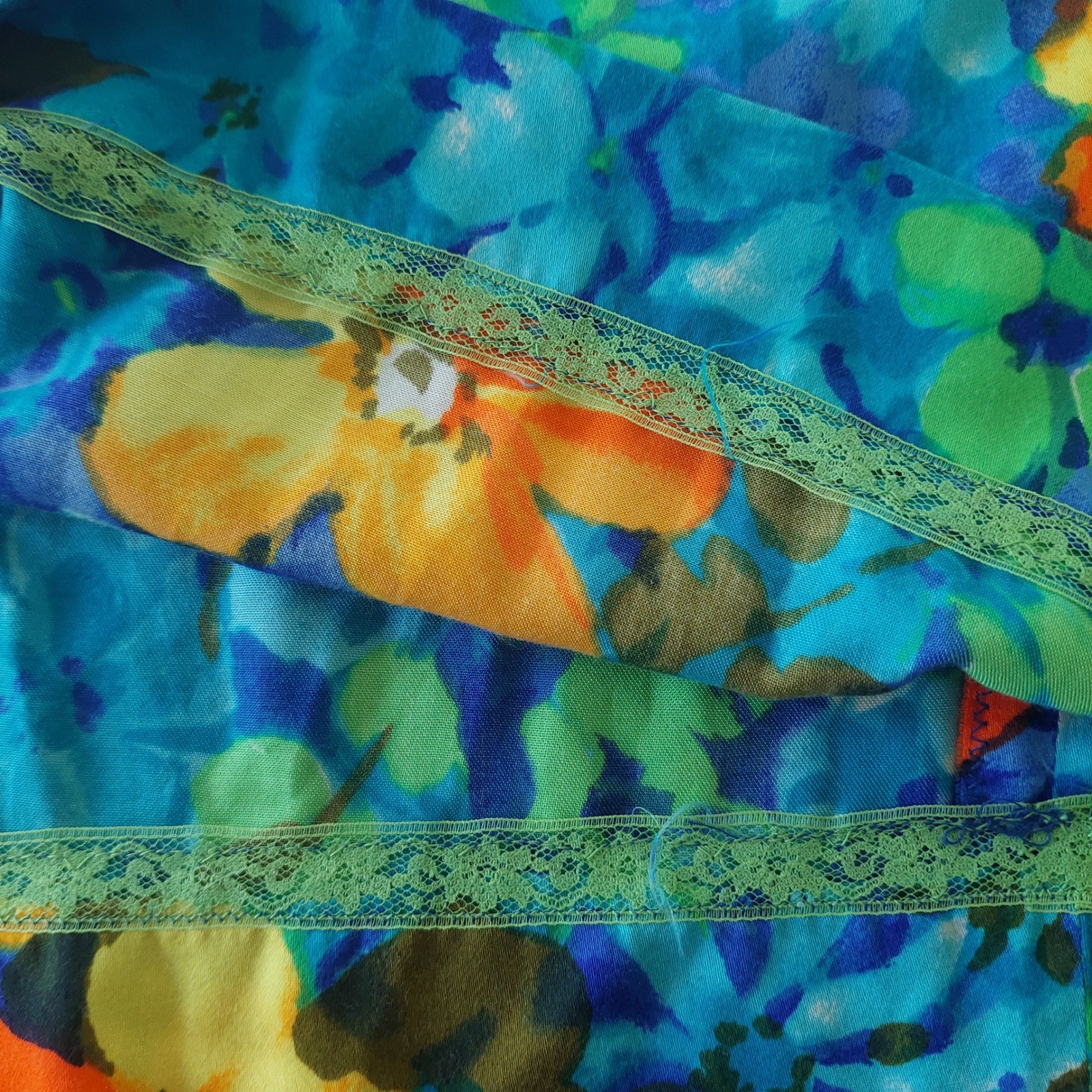 Vintage Floral Maxi Dress Blue Orange Tie Strap Empire Waist Boho Sun Dress