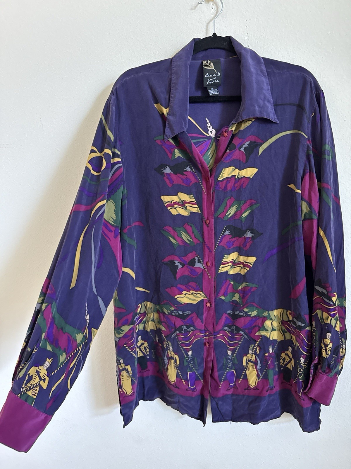 Vintage 80s Mardi Gras Silk Button Up Blouse Top Size XL