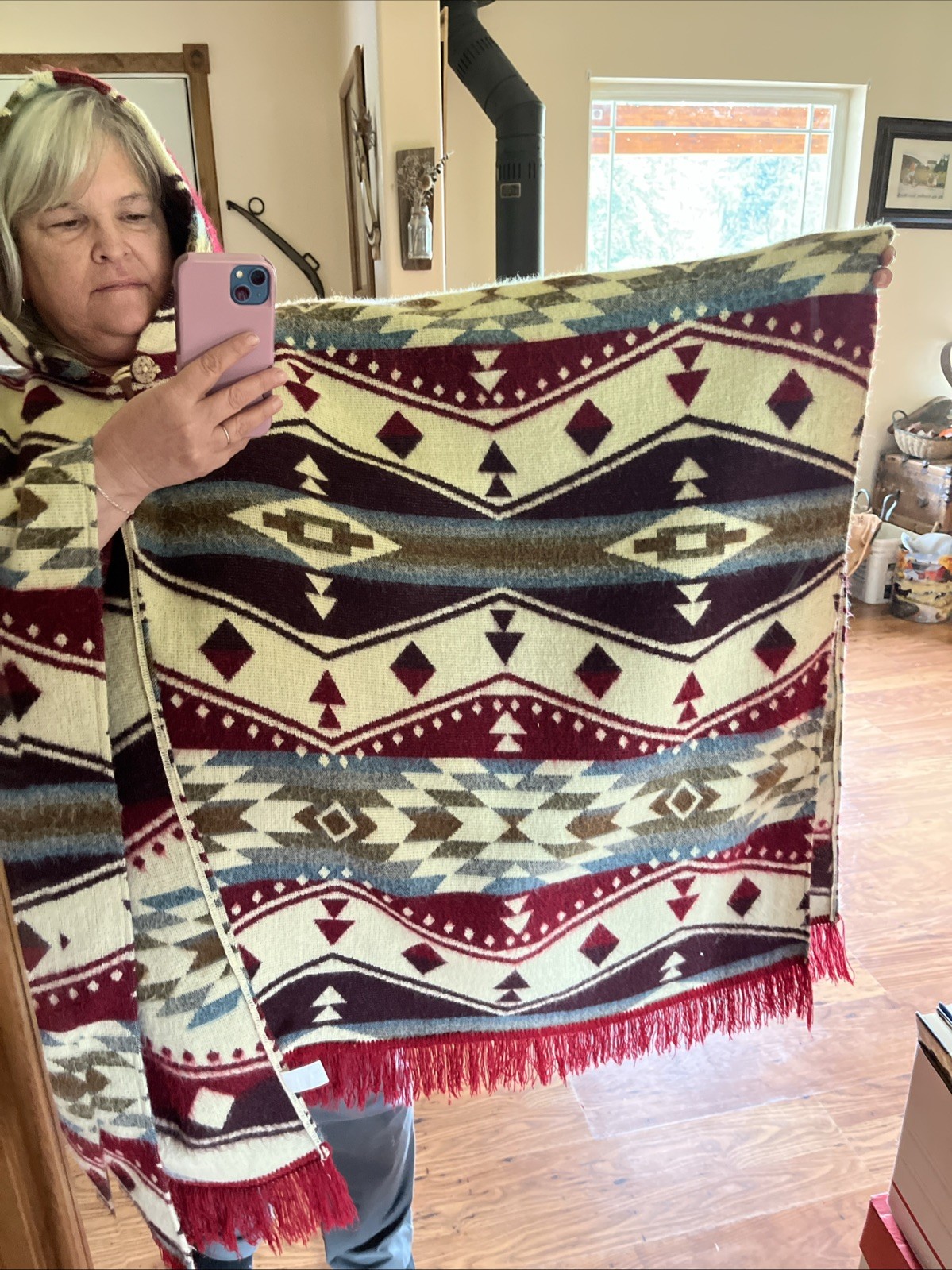 Alpaca Wool Hooded Native American Poncho OS Adult Southwestern Aztec Kay
