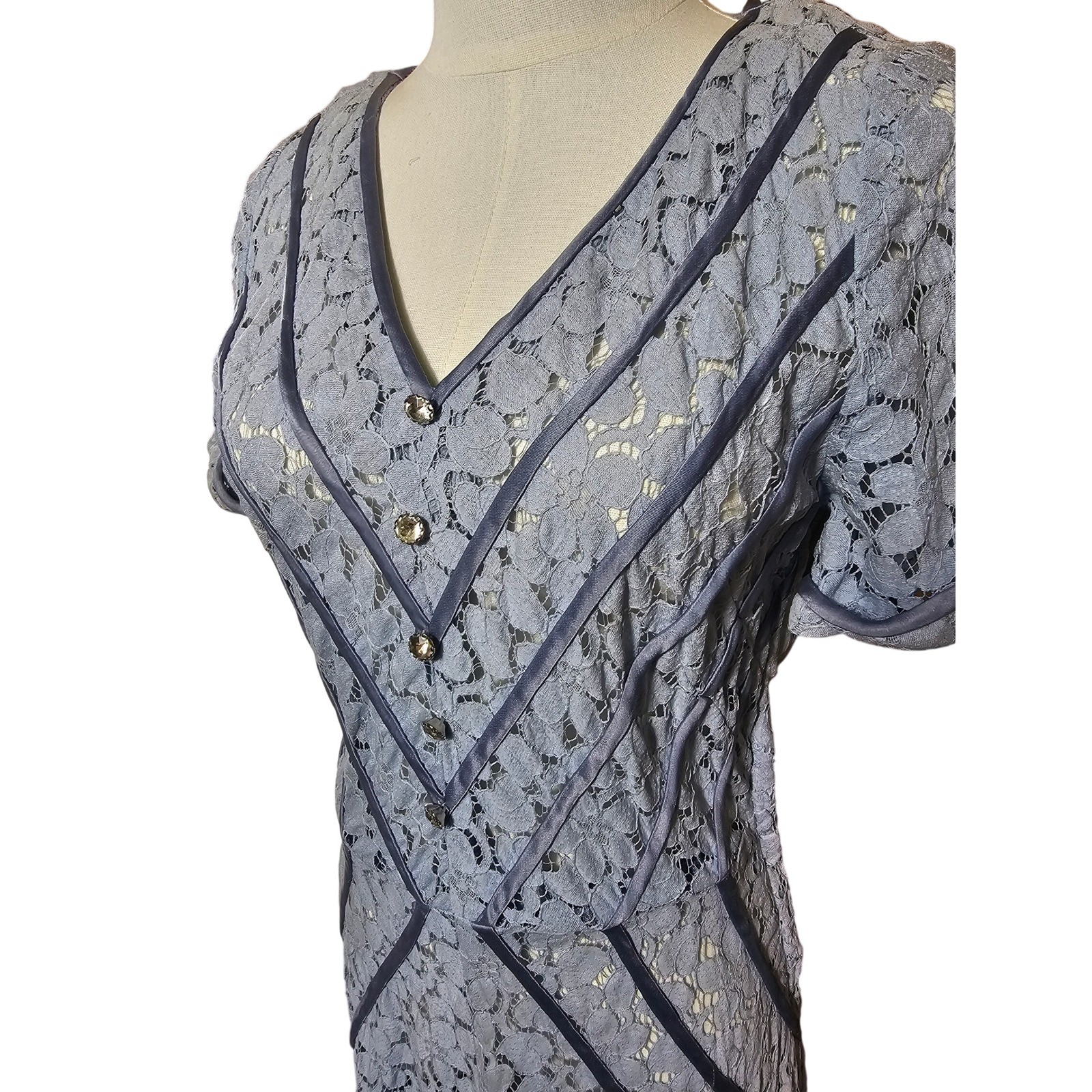 Vintage 40s C.H.D. Robbins Original Blue Floral Lace Dress V-Neck Mid-Mod XSm/Sm