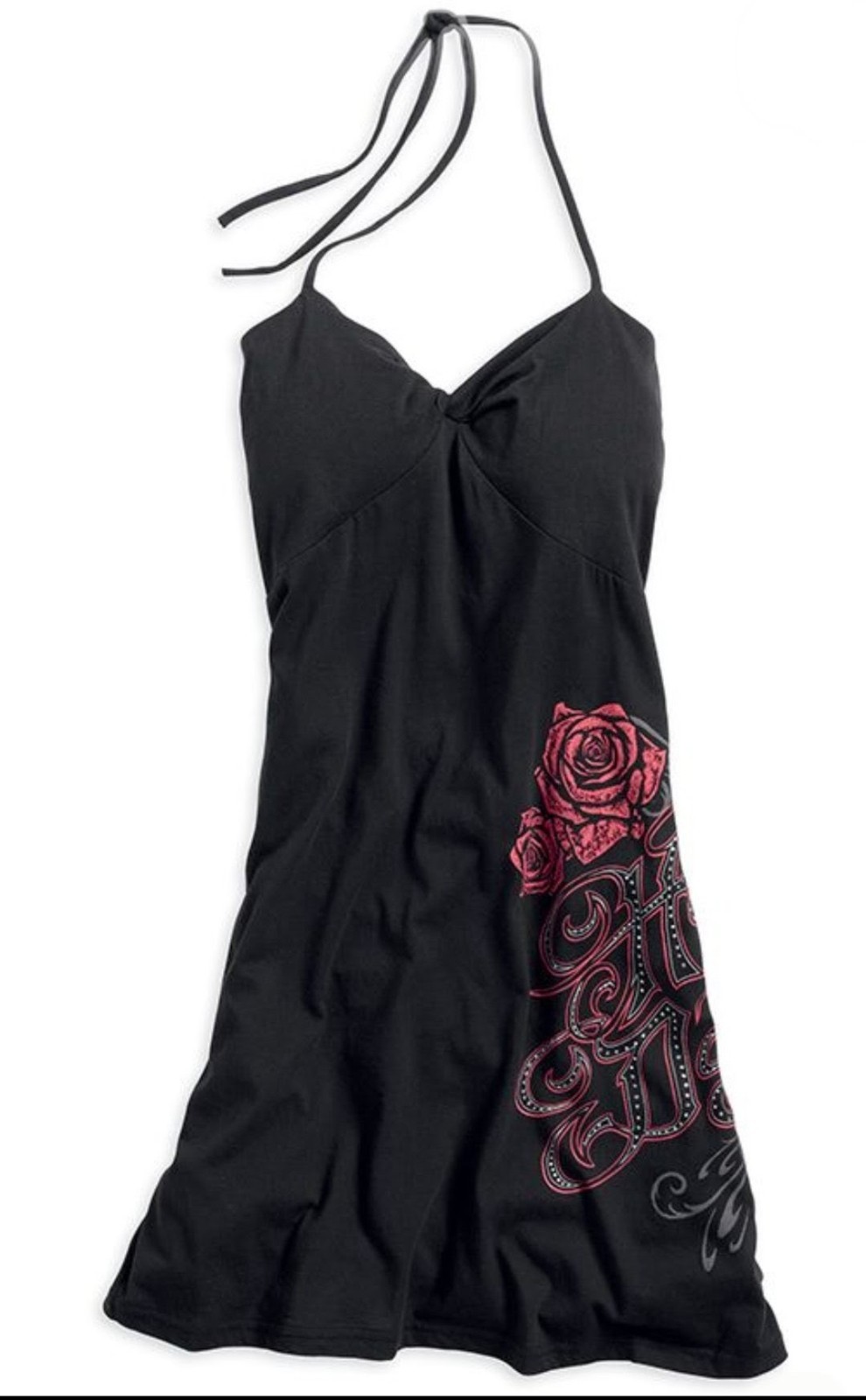Y2K Harley-Davidson Black Label Halter Dress Rhinestone Rose Graphic Moto Sz M