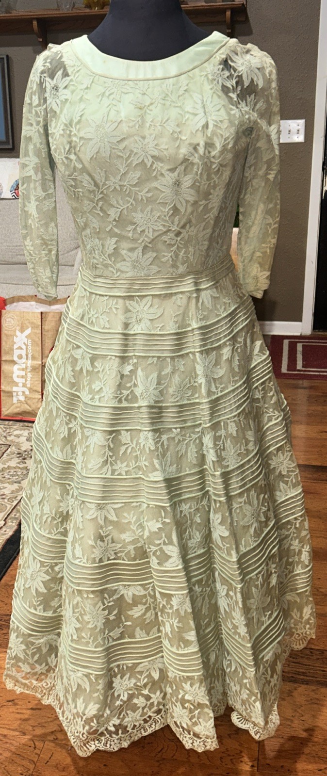 Vtg Women’s 50s David Levine Seafood Green Lace Chiffon Party Tea Dress Medium