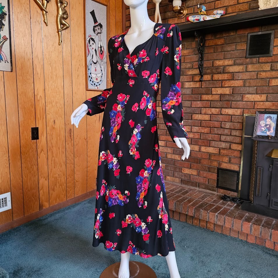 Vintage 80s does 40s Rayon Dramatic Floral Rayon Midi Formal Tea Party Dress M/L