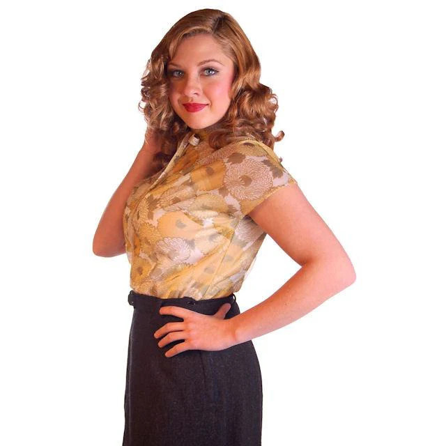 VTG 1950s Sheer Nylon Blouse Gold Floral Print Secretary Pinup Size 34 Bust 38