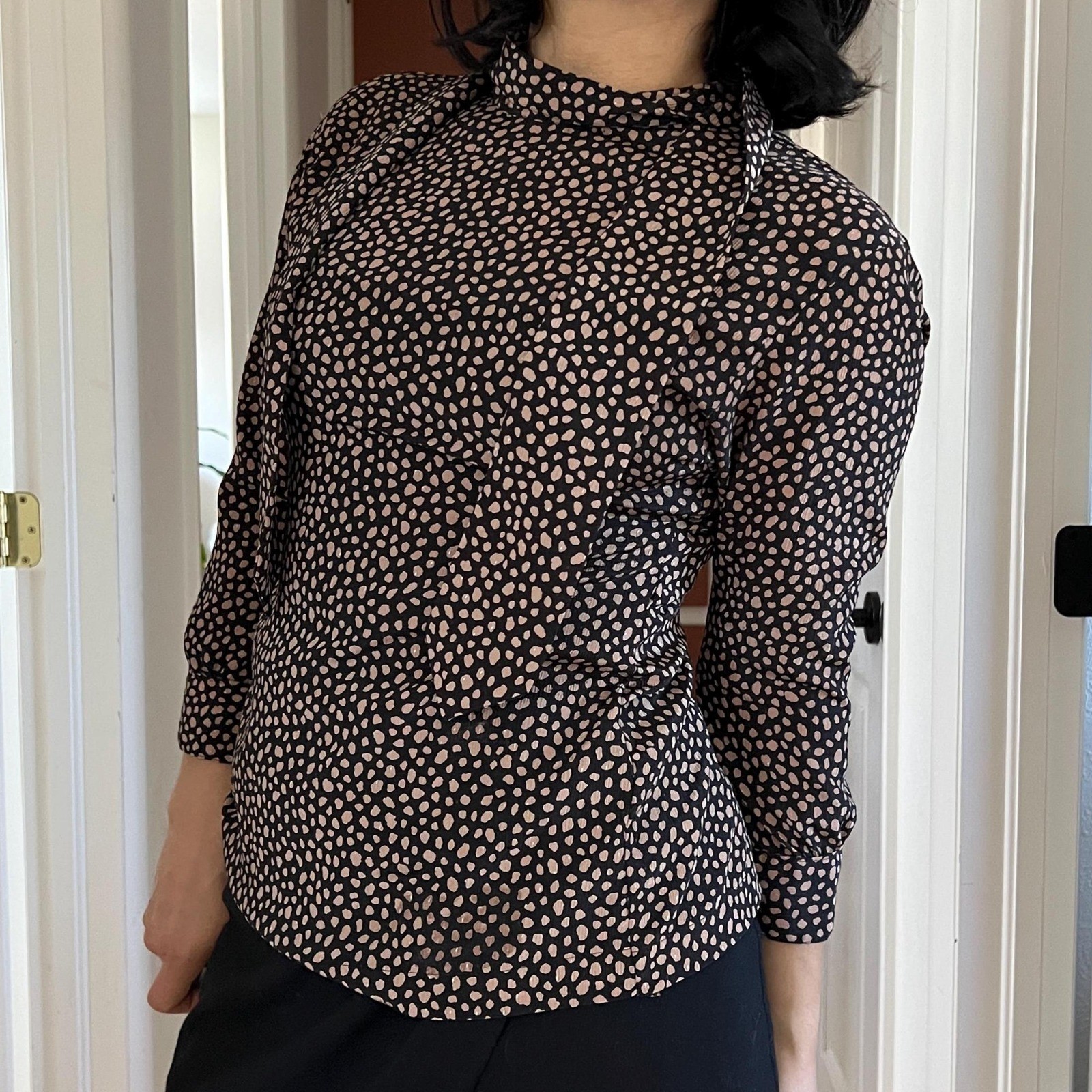 vtg 80s animal spot XS cravat button down blouse brown black neutrals