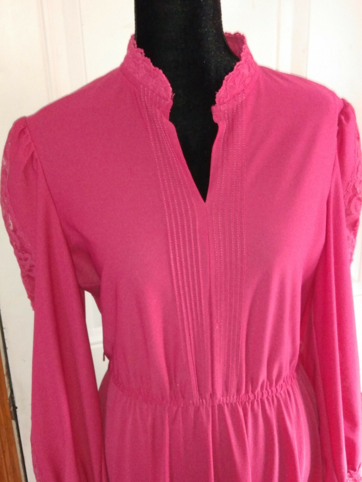 Vtg Jane Baar Dress Raspberry LS Lace Front Collar Elastic Waist No Sz Tag M/L