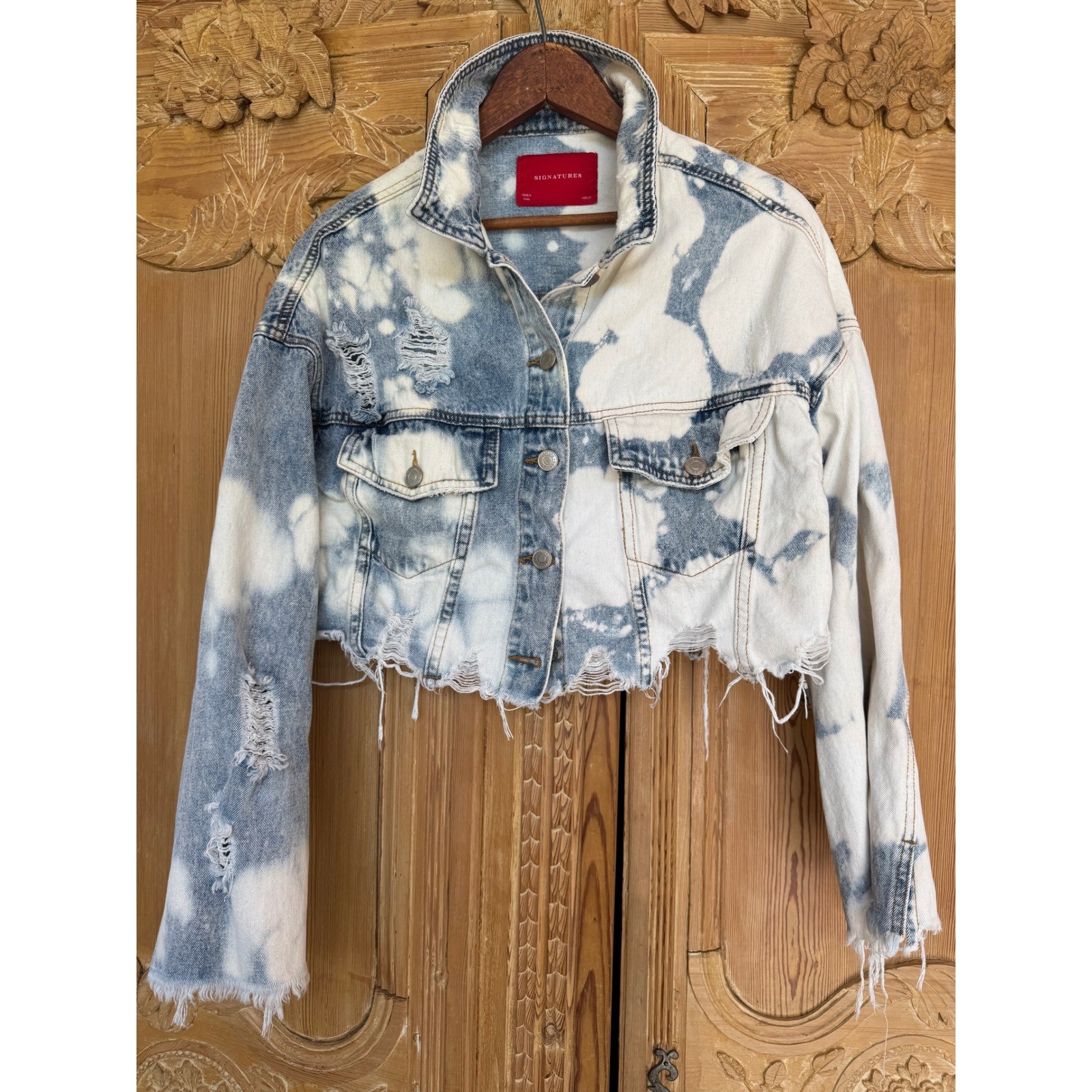 OOAK Distressed Bleached Denim Sacred Heart Lotus Cropped Jacket M