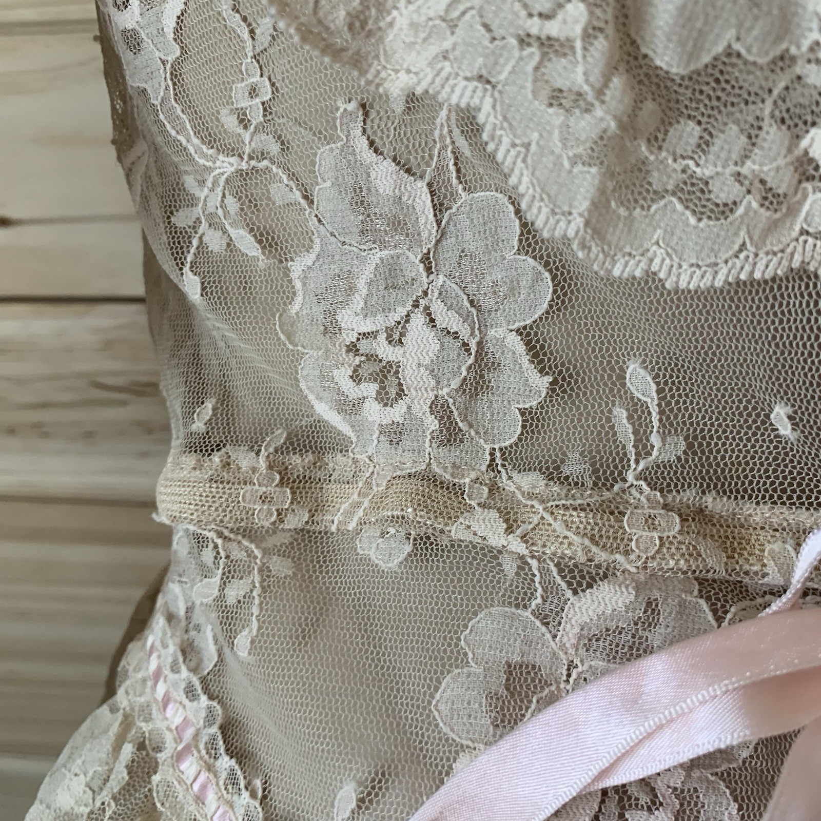 Vintage 70s 80s Designer Emil Bole Tan Beige nude Floral Lace Teddy W Ribbons