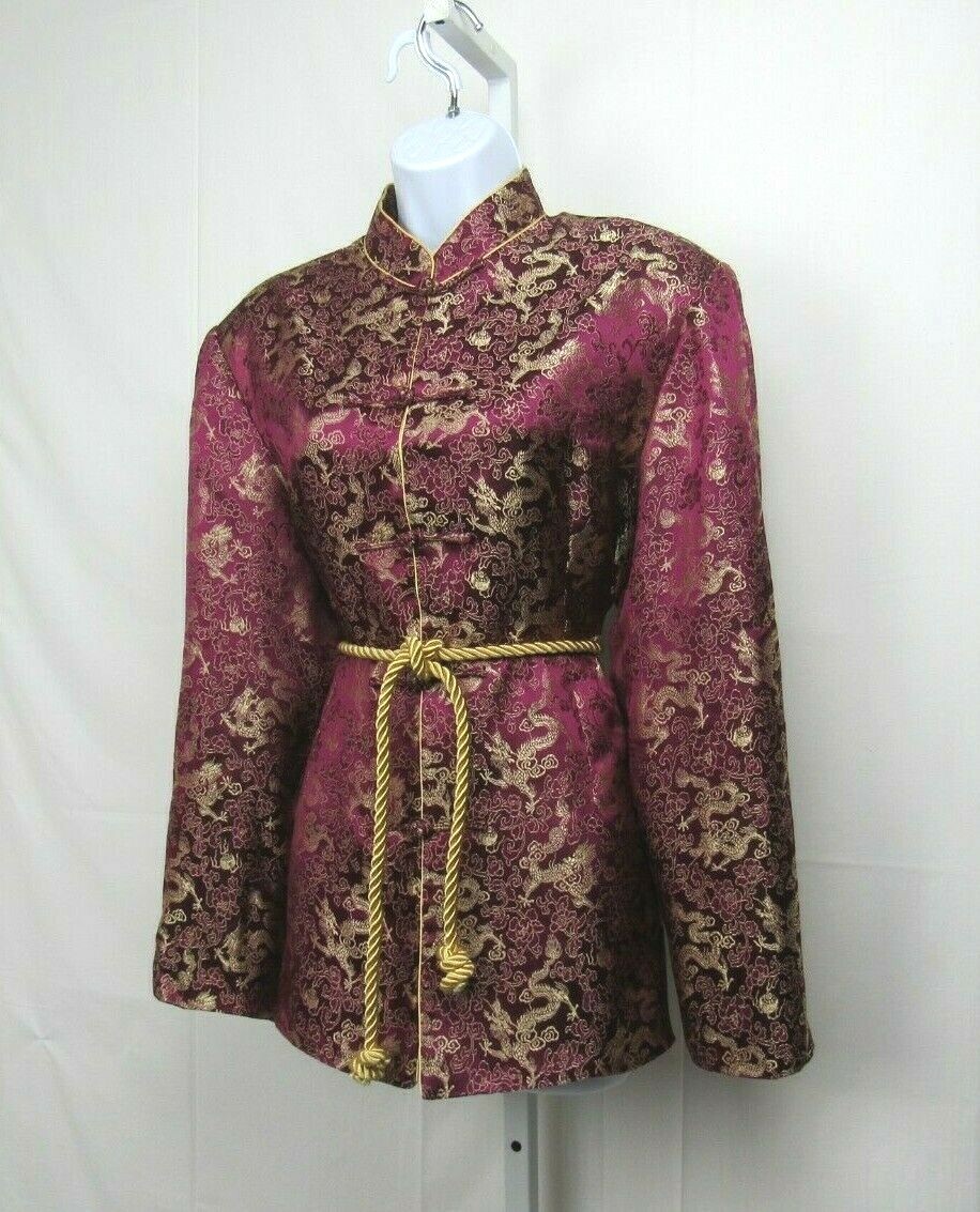 VTG 1950s 60s KIMONO STYLE JACKET BOYSENBERRY GOLD EMBROIDERY FROG BUTTONS
