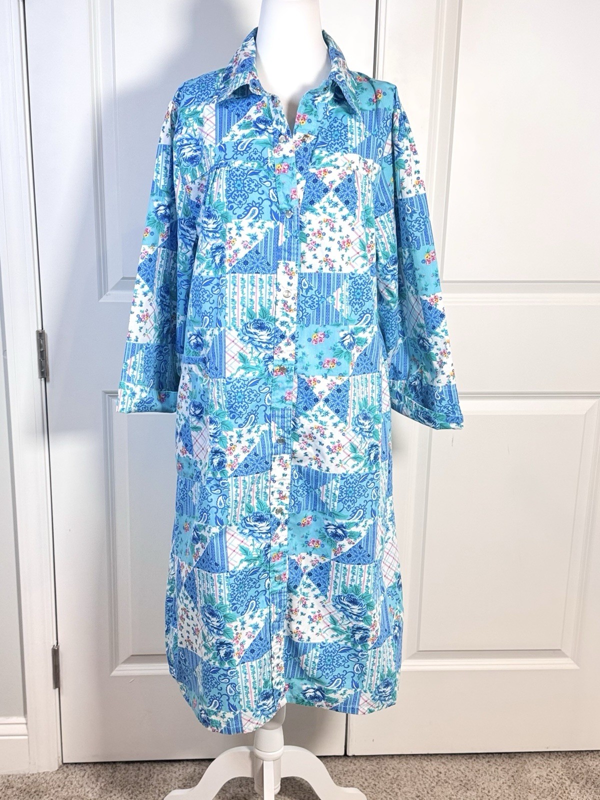 Models Coat Patchwork Floral Shirt Dress 12 Blue Snap Front Cottage Pockets