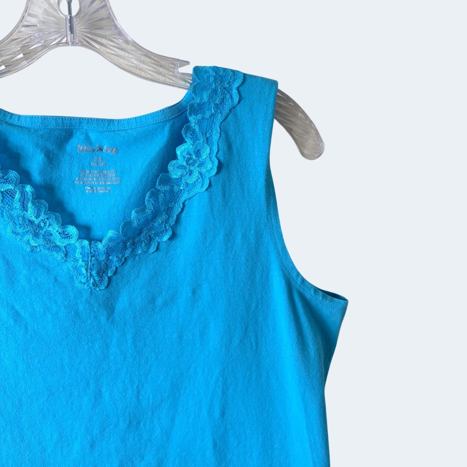 Vintage 90s Y2K White Stag Blue Floral Lace Trim V Neck Tank Top Large 12 14