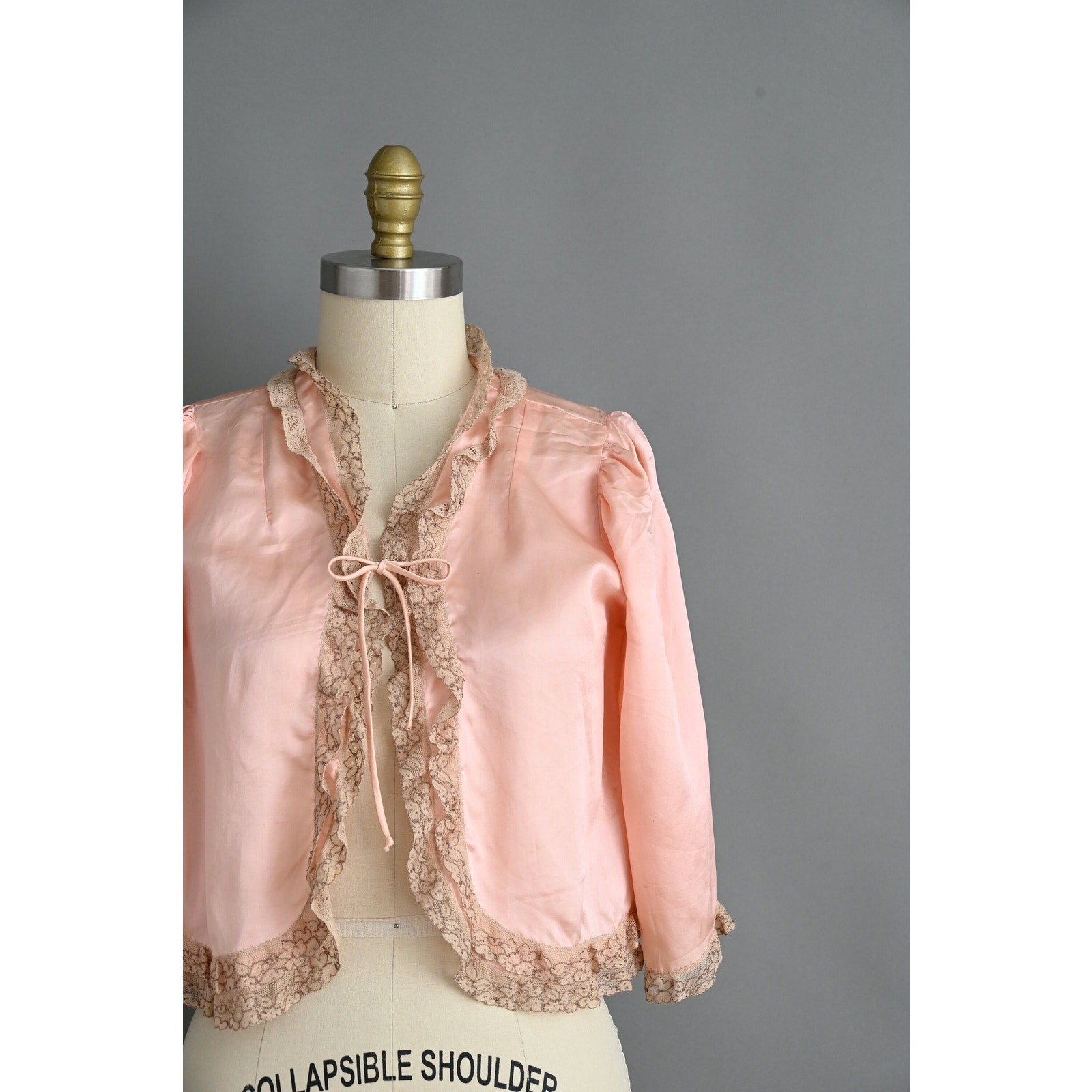 Vintage 1940s Lingerie Bed Jacket | Pink Silk Satin Lace Caplet | Small Medium