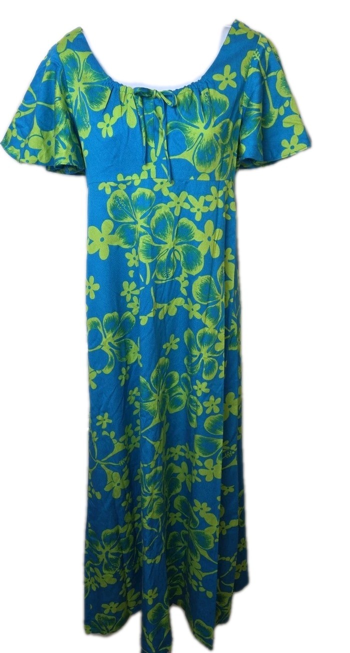 Vtg 1970s Hawaiian Print Maxi Dress Penneys Hawaii Green Blue Acrylic Size XXS