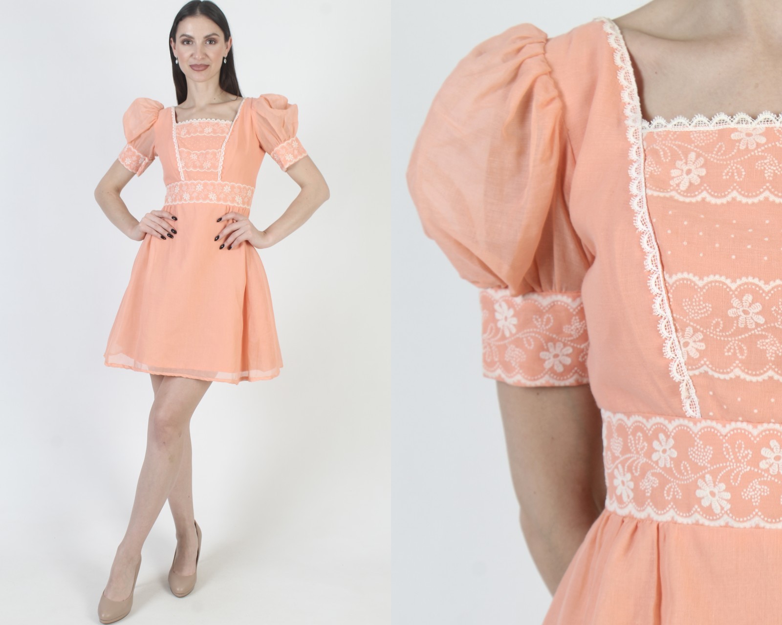 Vtg Peach Swiss Dot Dress High waist Boho Puff Slv Prairie Peasant Mini Skirt