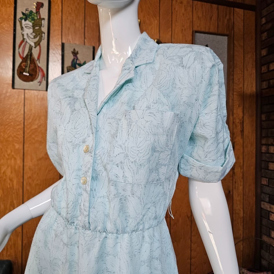 Vtg 70s Granny Secretary Blue Reverse Floral Shirtwaist Blouson Day Dress M
