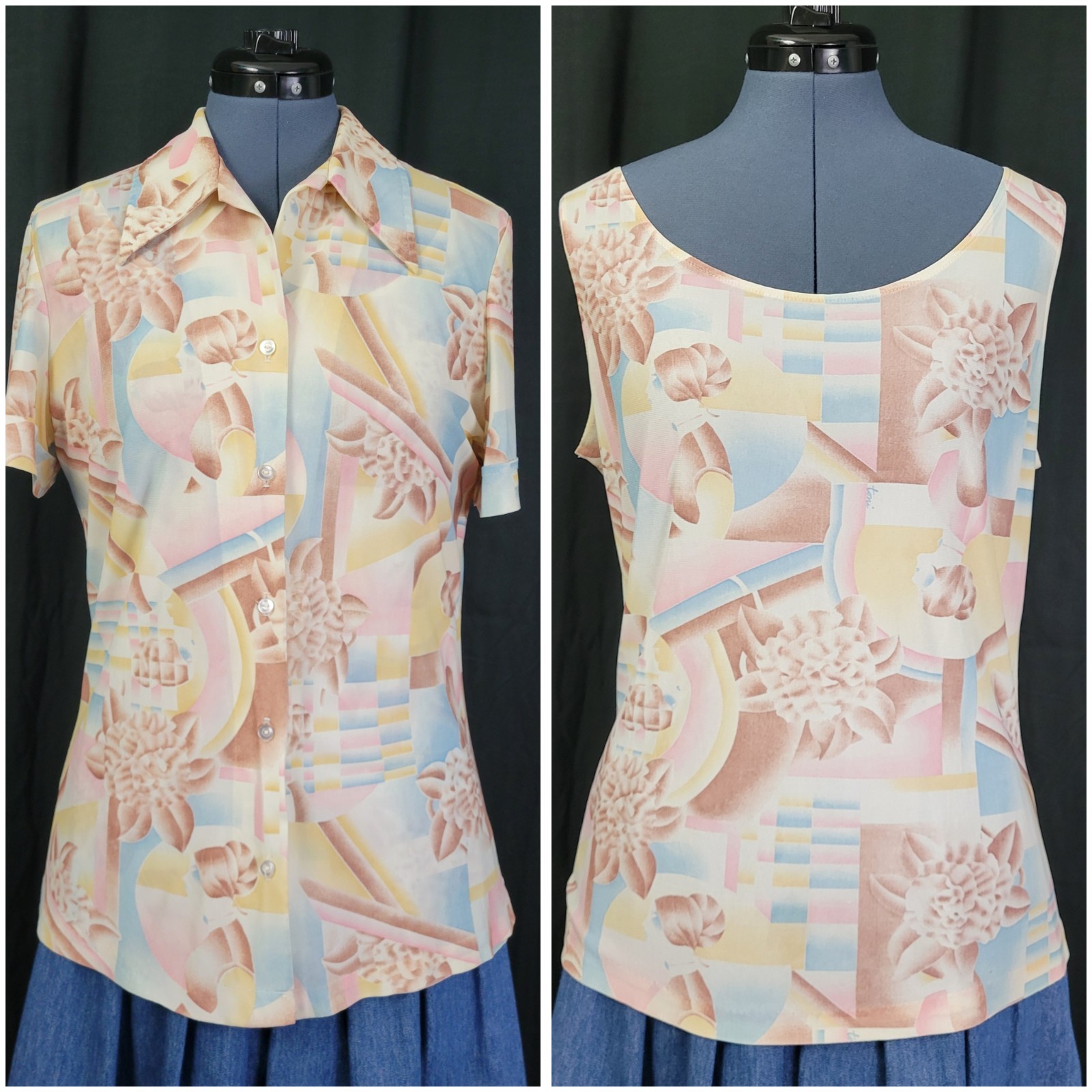 Vintage Shell & Button Down Top Set in Pastel Pink/Blue/Cream/Tan Size 15/16