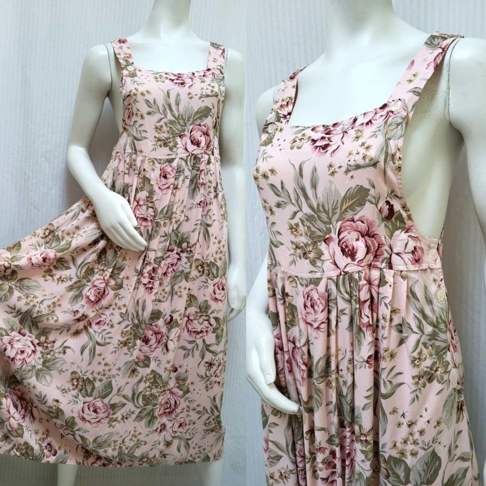 Vintage Moda Int’l Pink Cabbage Rose Print Rayon Jumper Dress – Size S