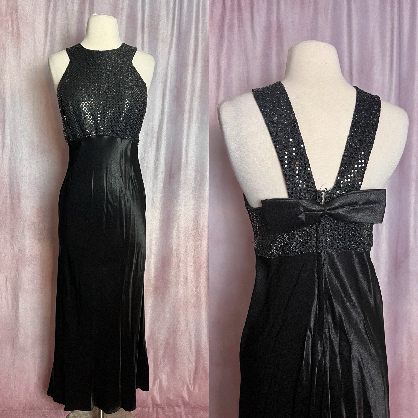 Vintage 90s Y2K Formal Dress Black Sequin Satin Maxi Full Length Made in USA