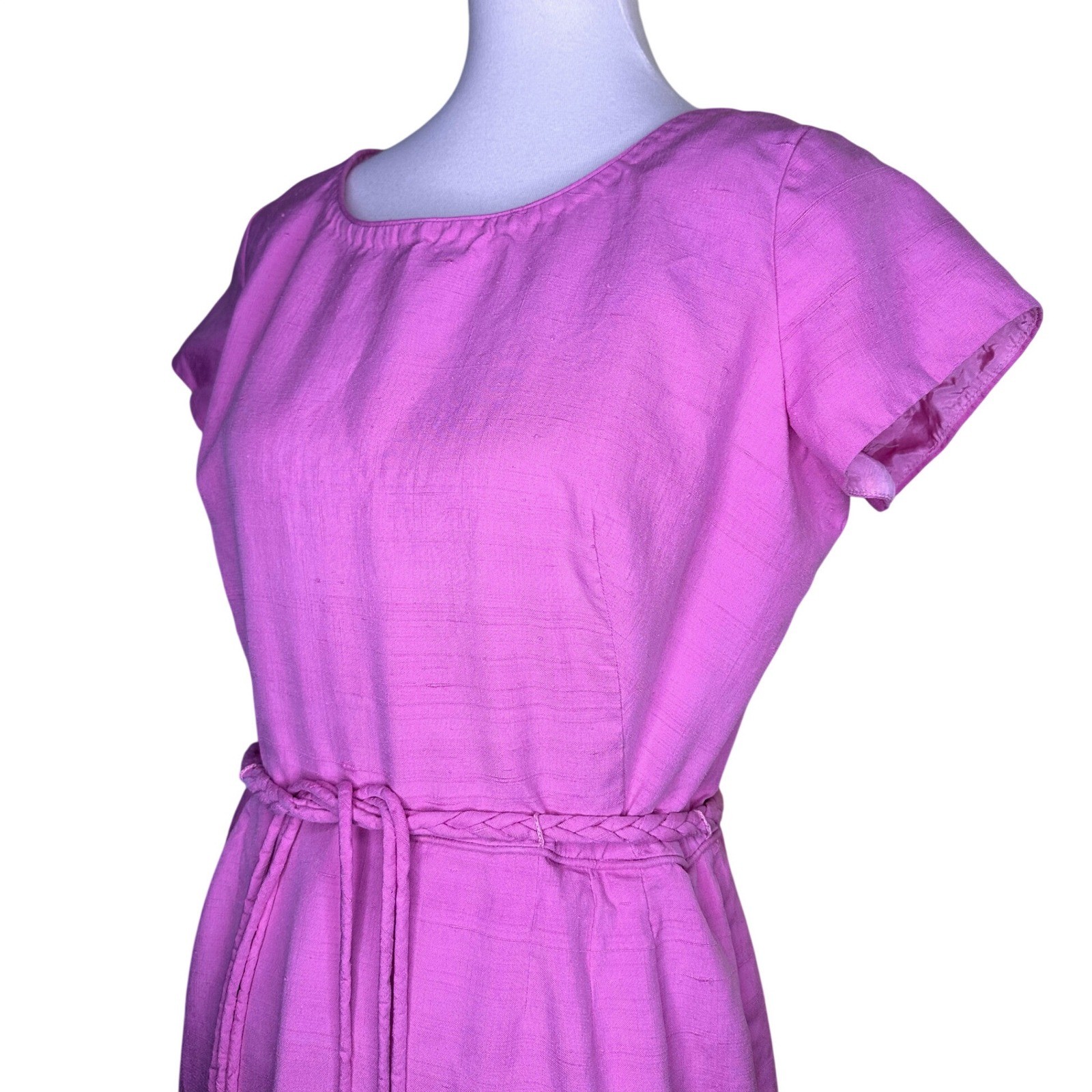 Vintage 1960s Pink Doupioni Silk Sheath Dress Italy Couleur Fabrics Braided Belt